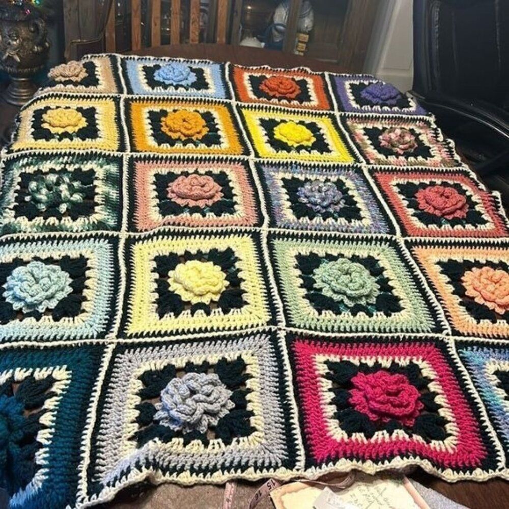 Handmade 3D Floral Granny Square Afghan Cottage Core Granny Core